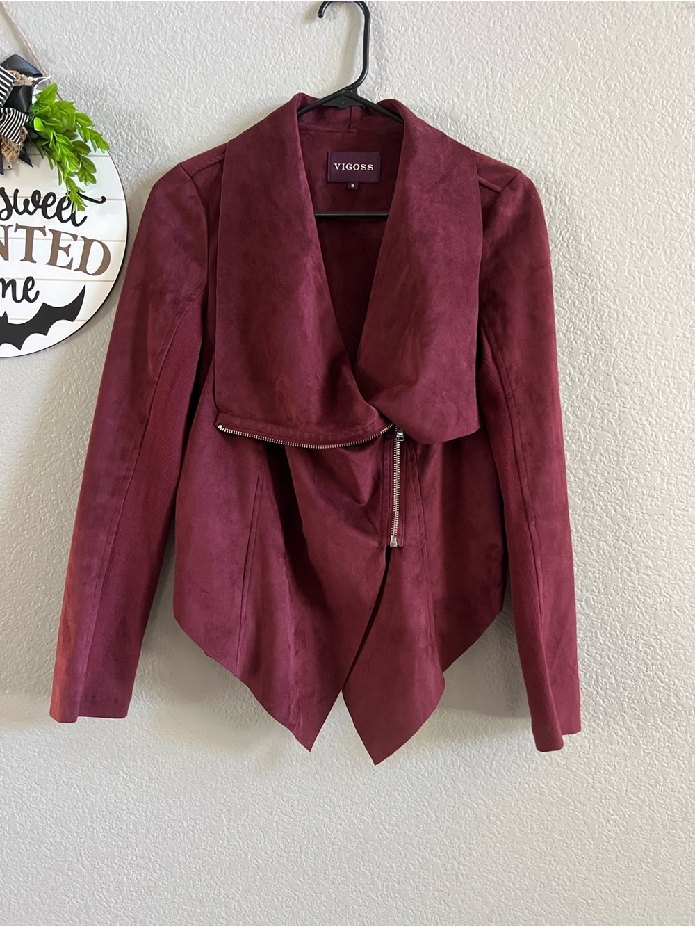 Vigoss Women's Draped Asymmetrical Faux Suede Jacket - Wine Size S